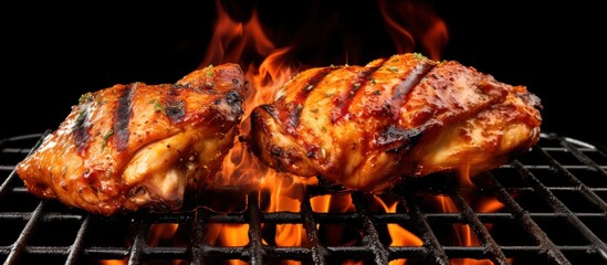 Grilled chicken thigh on the flaming grill AI generated - obrazy, fototapety, plakaty