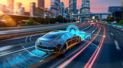 An autonomous car is depicted on the road, equipped with sensing systems to scan its surroundings for safe, driverless navigation - obrazy, fototapety, plakaty