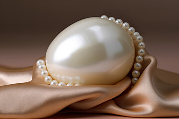 Naklejka premium Large pearl with stylish beads on draped beige satin fabric, elegant and luxurious jewelry concept