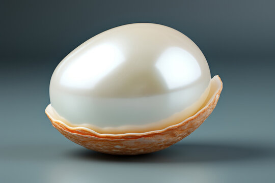 Large natural pearl on shell stand on gradient gray background, beautiful jewelry nature concept