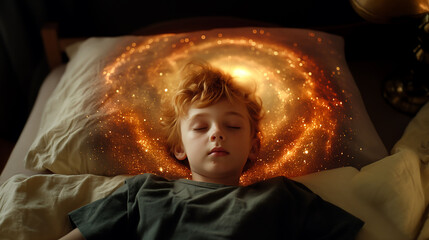 the pillow of dreams, or the child's dream on the pillow. A child dreaming of being an astronaut