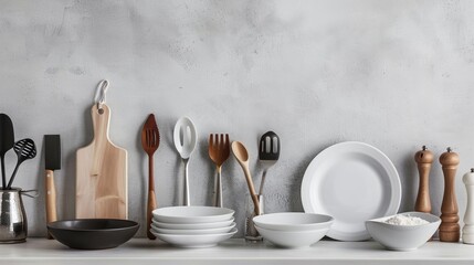 A collection of various kitchen tools and dishes placed on a white surface close to a gray wall. - obrazy, fototapety, plakaty