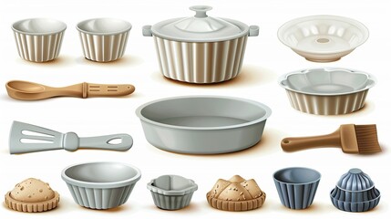 A collection of baking dishes and pastry molds, all grouped together, against a plain white backdrop.
