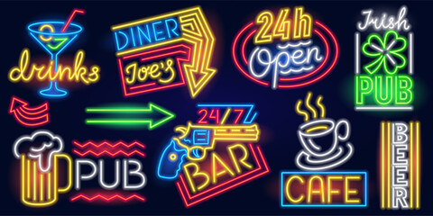 Set of fashion neon sign. Night bright signboard, Glowing light banner. Summer Club logo, emblem. Editable vector. Inscriptions Cafe, Pub on the background of a gun, drinks, beer