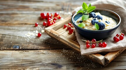 A breakfast setup with a bowl of oatmeal mixed with blueberries and red currants, placed on a cloth on a wooden tray, all set against a rustic wood backdrop. There's room for text.