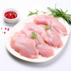Raw chicken breast fillets on a white plate with a bowl of peppercorns and rosemary sprigs.