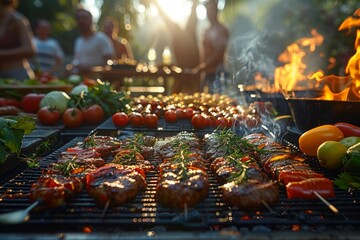 A barbecue grill outdoors filled to capacity with a variety of delicious food items being cooked
