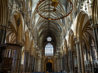 Lincoln Cathedral, Roman Catholic Gothic church and cathedral with stain glass window corridor and...