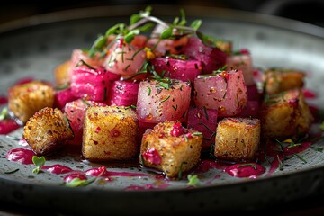 a close-up of the most beautiful dish with beets and croutons on it