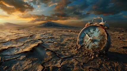 An old, rusty alarm clock abandoned on cracked dry ground with a dramatic sunset sky in the background - obrazy, fototapety, plakaty