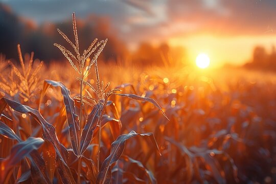 A cinematic closeup of the leaves and stalks of corn in an American farm field at sunset