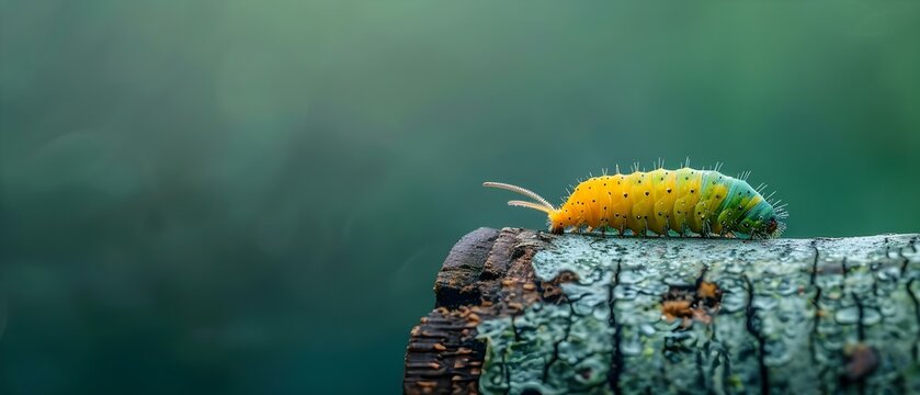 A yellow-green caterpillar making its way across a tree stump. Concept Nature Photography, Macro Shots, Insect Life, Wildlife Portraits