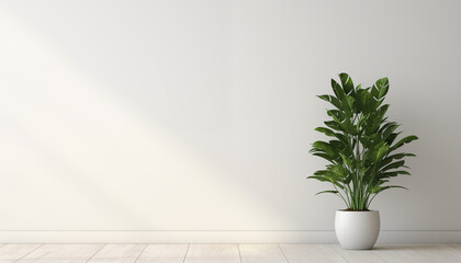A large potted floor plant sits in front of a blank wall