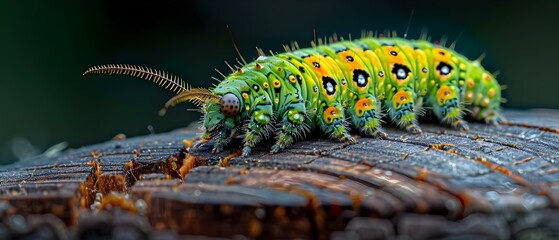 Crawling Yellowgreen Caterpillar on a Stump. Concept Macro Photography, Insect Close-up, Nature Exploration, Spring Wildlife, Textured Surfaces - obrazy, fototapety, plakaty