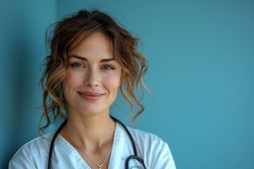 A female doctor or nurse, wearing a stethoscope, stands in front of a blue wall