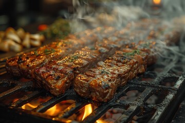 Close up of various foods sizzling and grilling on a BBQ grill, showcasing vibrant colors and...