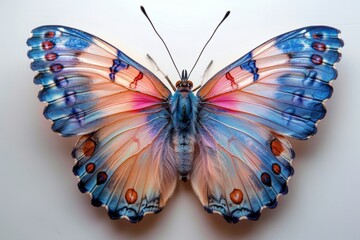 A blue and pink butterfly perched on top of a white surface