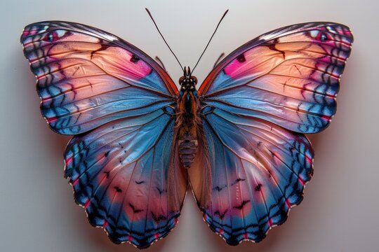 A colorful butterfly with blue and pink wings perched on top of a white wall