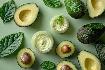 a jar of facial cream and cut avocados against a light green background,generative ai