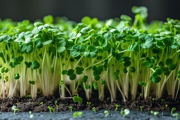 Obraz premium Close up of green micro greens sprouts on a white background