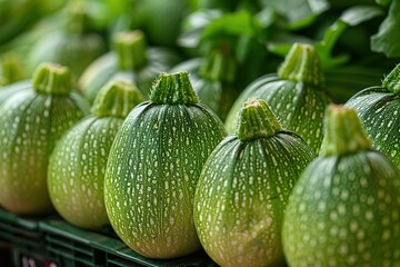 close up of green pimpernions, small round vegetables with white spots and thin necks - obrazy, fototapety, plakaty