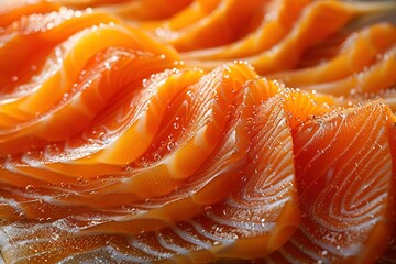 Closeup of a fresh salmon fillet showcasing the soft pink color and delicate lines of fat under bright studio lighting.