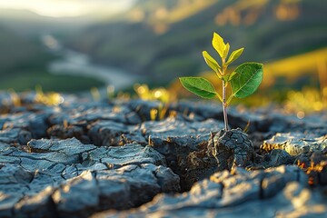 A small plant is growing in the middle of a rocky, barren landscape - obrazy, fototapety, plakaty