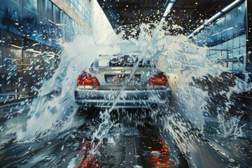 A hyperrealistic portrayal of a car wash, capturing the dynamic movement of water and soap against the vehicle's surface.