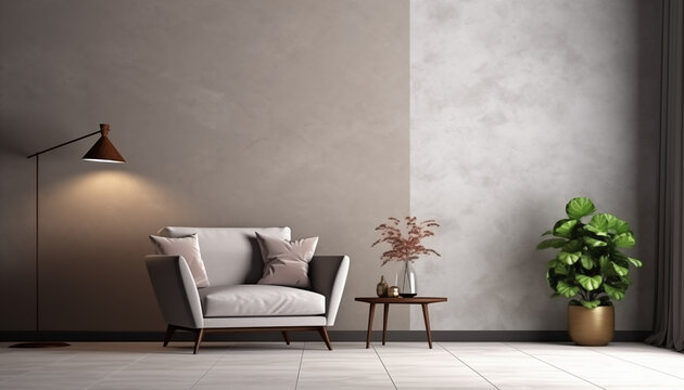 Elegant living room interior with soft armchair coffee table decorative plants and stylish floor lamp 3d render