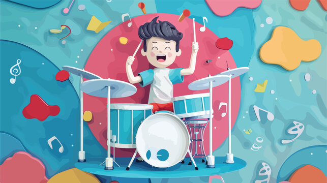 Paper design with boy playing drums illustration fl