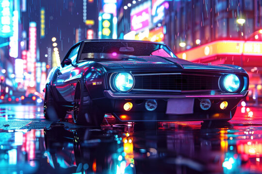 A sleek, hyperrealistic rendering of a classic muscle car, its chrome gleaming under the vibrant city lights.