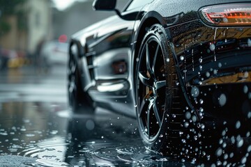 Raindrops cascading down the flawless surface of a sports car, the scene rendered with hyperrealistic clarity.