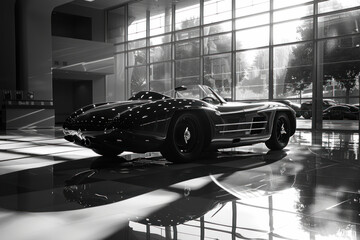 Shadows dancing across the showroom floor, accentuating the hyperrealistic contours of a collector's edition vehicle. - obrazy, fototapety, plakaty