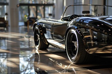 Shadows dancing across the showroom floor, accentuating the hyperrealistic contours of a collector's edition vehicle.