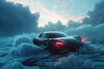 The futuristic silhouette of an electric car, rendered in hyperrealistic detail against a backdrop of swirling clouds.