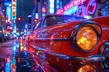 The glow of neon lights reflecting off the flawless paintwork of a vintage automobile, transporting viewers to a hyperrealistic urban landscape.