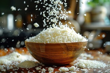 A bowl of white rice is on a wooden table