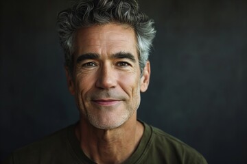 Portrait of handsome middle-aged man with grey hair smiling at camera - obrazy, fototapety, plakaty