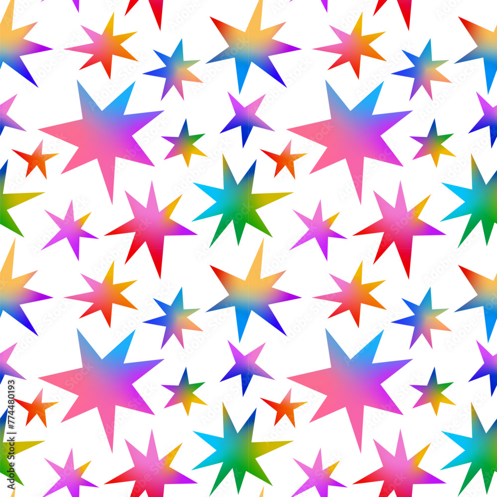 Poster Vector Seamless Pattern with Colorful Doodle Stars. Fun Background with Bright Gradient. Y2k Style Organic Star Shapes Graphic for Party Posters and Kids Stuff