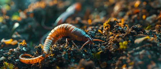 A Compost Worm in Action: Helping with Nutrient-Rich Bio Humus Decomposition. Concept Worm Composting, Bio Humus, Organic Waste Recycling, Nutrient-Rich Soil, Decomposition Process - obrazy, fototapety, plakaty