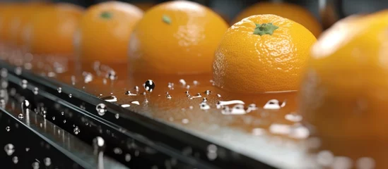 Fotobehang close up orange citrus washing on conveyor belt at fruits automation water spray cleaning machine in production line of fruits manufacturing. © dheograft