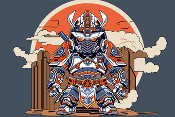 Mech samurai with sword. Cool poster of Japanese samurai robot cartoon vector