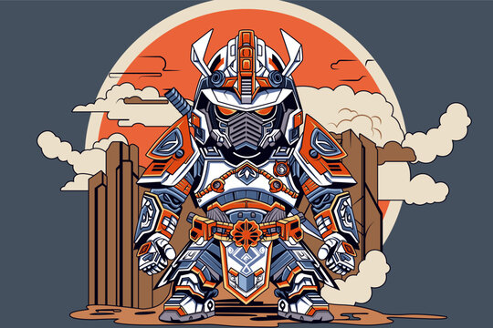 Mech samurai with sword. Cool poster of Japanese samurai robot cartoon vector