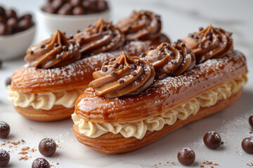 three eclairs with carmel cream on a white background,generative ai