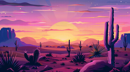 illustration of  psychedelic style cactus and desert at the sunrise - obrazy, fototapety, plakaty