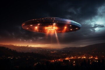Fototapeta na wymiar Futuristic UFO Hovers Over City at Night, Illuminating the Sky with Bright Lights. 3D Rendering of Dark UFO in Urban Environment Creates Mysterious Sci-Fi Atmosphere.