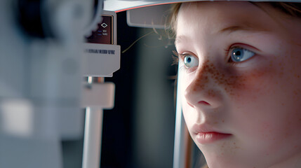 Focused child looking through a slit lamp biomicroscope during an eye examination.