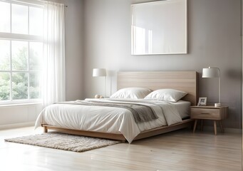 Modern bedroom in white and gray tones. Double soft bed, wooden wall panel with pictures, potted plants and parquet. Country house concept idea, interior design
