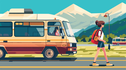 Retro videogame pixelated van and bus with woman ca