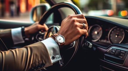 top view of man's watch in black suit keeping hand on the steering wheel while driving a luxury car. AI generated - obrazy, fototapety, plakaty